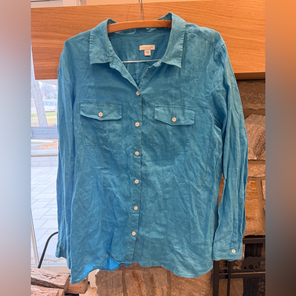J. Jill Love 100% Linen Shirt Blue Button Up size Large Boho Minimalist - Picture 2 of 5